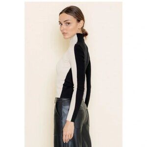 Black & Cream Color Block Thick Rib Knit Long Sleeve Mock Neck Sweater Top
